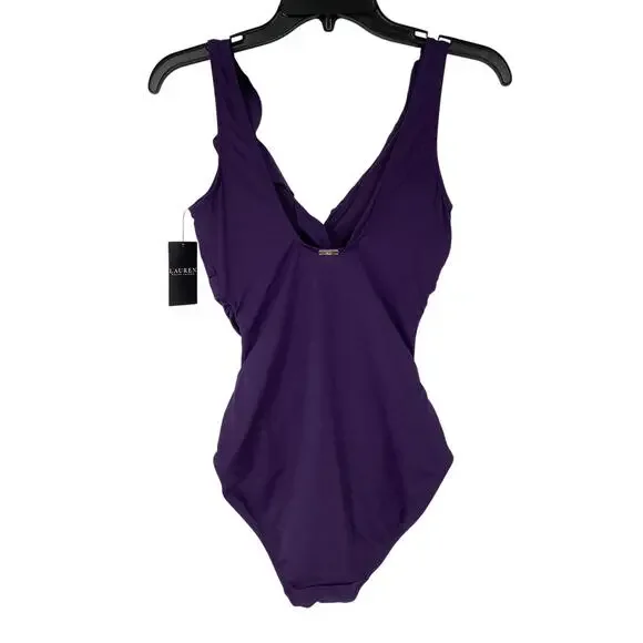 Lauren Ralph Lauren Size 6 Eggplant Beach Club Ruffle One Piece Swimsuit O5-11 One Pieces